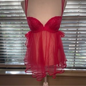 ❤️NWT VICTORIAS SECRET Sheer With Rhinestone Red/Pink Babydoll / Chemise Sz 36B